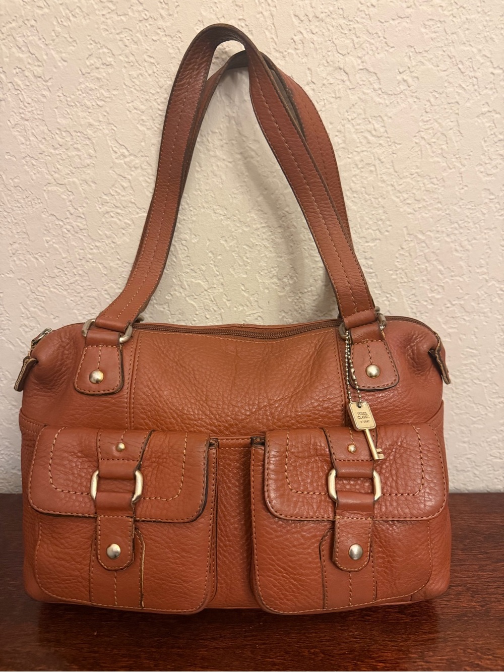 Vtg Fossil Pebbled Leather Shoulder Bag Purse Sachel 1954 Classic #75082 Brown